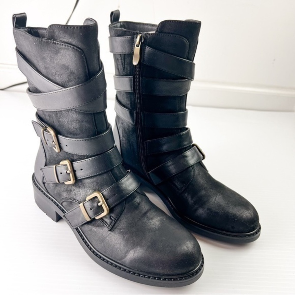 Azura Boots Womens 6 Black Calmon Engineer Boot Buckles Micro Suede